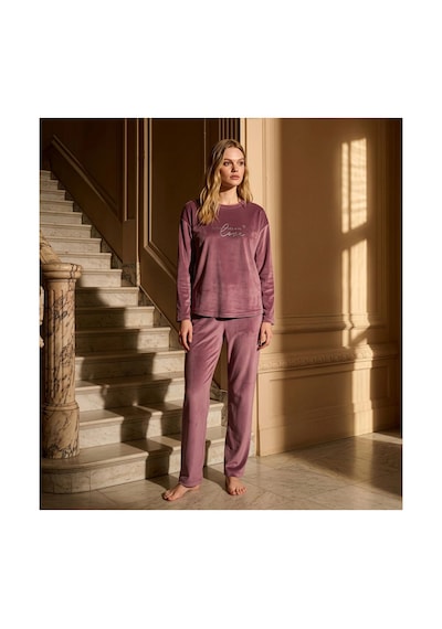 Pijamoni Kadın Yumuşak Kadife Bisiklet Yaka Pudra Pijama Takımı