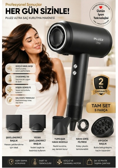 Pluzz X116 Ultra İyonlu Saç Kurutma Makinesi Ultra Sessiz Ve Hızlı Kurutma Siyah - 583112861