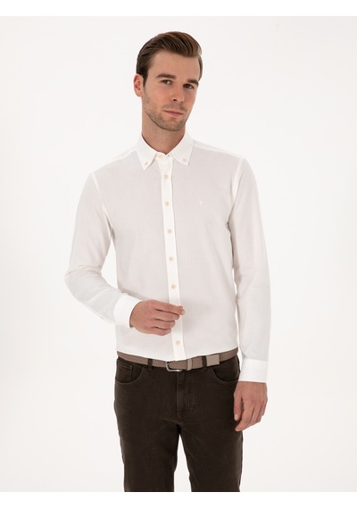 Cacharel Beyaz Slim Fit %100 Pamuk Yakası Düğmeli Flanel Gömlek