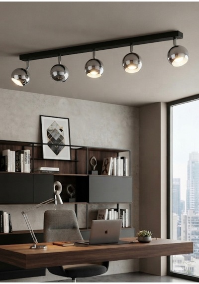 Beşli Modern 5 Li Krom Kaplama Küre Led Spot Tavan Metal Avize 120 Cm Siyah Gövde Krom Hareketli Başlık Gu10 Duy Os Ram Syl Vania Kalitesi Siyah