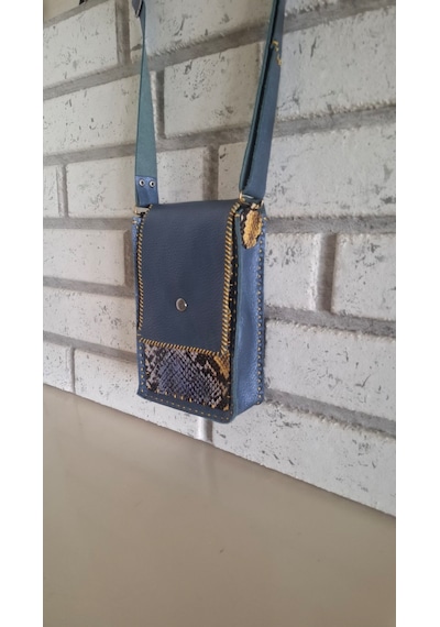Mavi Metalik Ve Yılan Derisi Mini El Yapımı Çantası Metalik Mavi