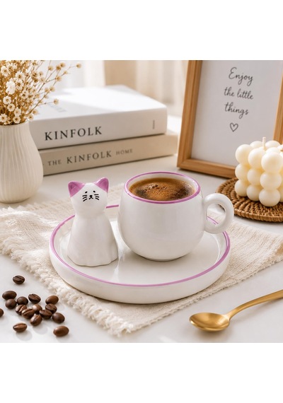 Kedi Figürlü Lila Renk Seramik Espresso Fincanı Ve Tabak Seti Sevimli Tasarım Mini Kahve Fincanı Çok Renkli