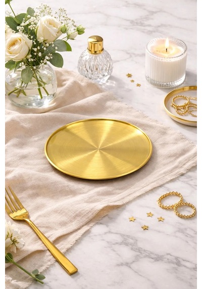 2 Kişilik Lüks Gold Metal Sunumluk Tepsi Sunum Servis Tepsisi 20cm Altın - Gold