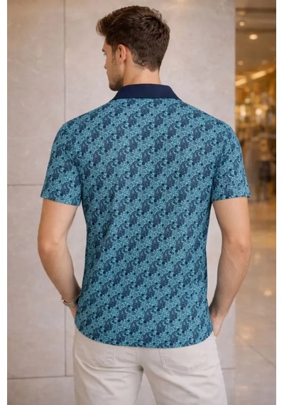 Suma Erkek Pike Polo Yaka Palmiye Desenli Kısa Kol Tişört Turkuaz
