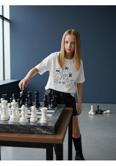 Zekids Kız Çocuk İnci İşlemeli Fiyonklu Tasarım T-shirt-16577 Ekru
