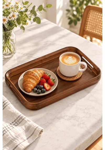 Atbyhome Akasya Ahşap Kulplu Servis Tepsisi 38x24x4 Cm - Dikdörtgen Kahvaltı Ve Kahve Sunum Tepsisi
