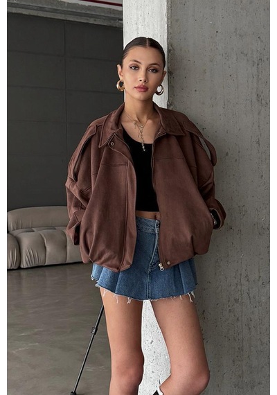 Öner Oversize Kadın Bomber Acı Kahve Süet Deri Ceket Kahverengi3565 Kahverengi3565