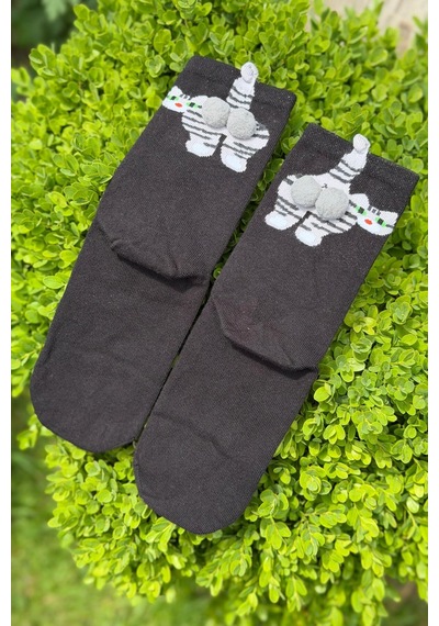 Lousocks Unisex Siyah Yeşil Gözlü Tekir Kedi Desenli Ponpon Soket Çorap