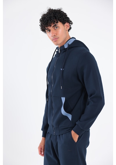 Rowinger Modal Kumaş Kapüşonlu Fermuarlı Kontrast Detaylı Erkek Sweatshirt Navyblue