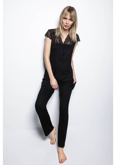 Monamise 18422 Kısa Kollu Pijama Takım - Siyah Siyah
