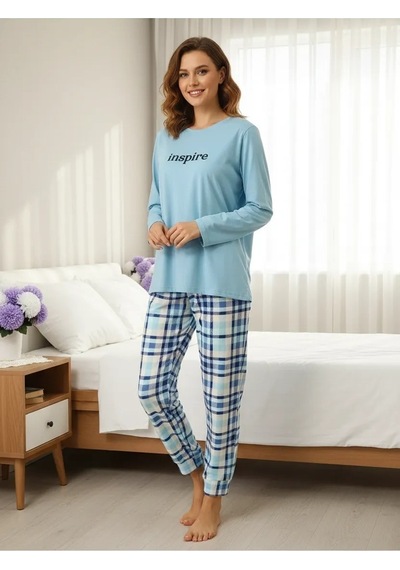 Mihra Renkli Milan Kumaş Sıfır Yaka Kadın Pijama Takımı 50107 Mavi