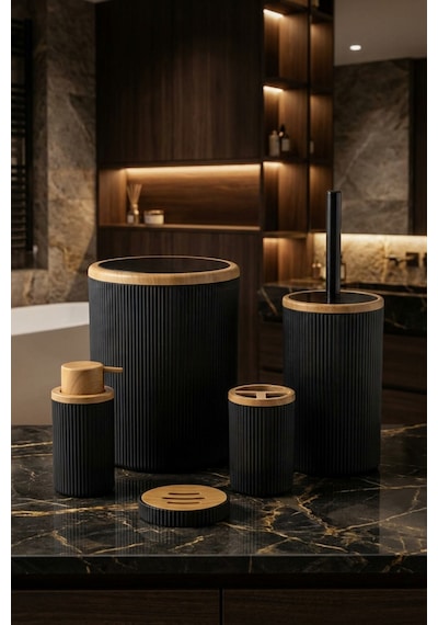 Makri Home 5 Parça Banyo Seti, Siyah Ahşap Desenli, Çöp Kovası, Fırçalık, Sıvı Sabunluk, Diş Fırçalık, Sabunluk