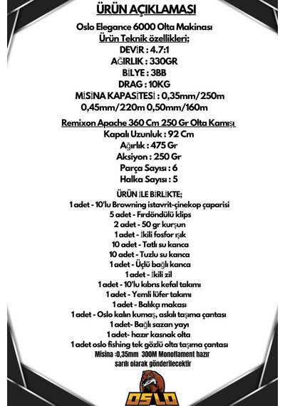 Oslo Elegance 6000 Remixon Apache 360cm 250gr Göl Ve Deniz Olta Seti Standart