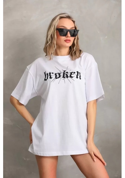 Amorluxe Unisex Baskılı Oversize T-shirt - Beyaz