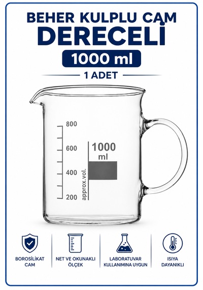 Beher Kulplu Cam 1000 Ml - Kısa Form Isıya Dayanıklı Beaker