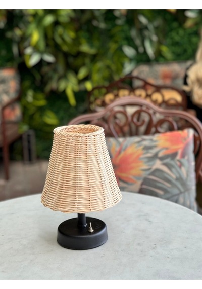 Rattan & Bambu Masa Üstü Kablosuz Pilli Abajur Masa Lambası Siyah
