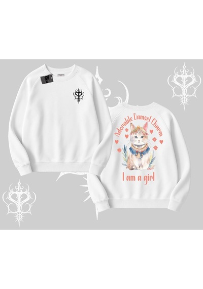 Startmore Cute Princess Kedi Tasarımlı Arka Baskılı Biskilet Sweatshirt Beyaz