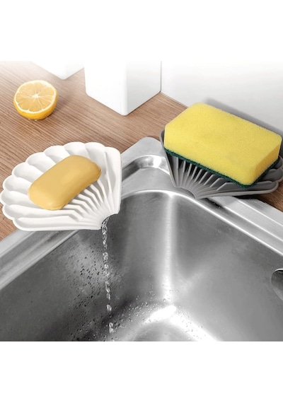 Beyaz İstiridye Silikon Katı Sabunluk Su Giderli Kaymaz Banyo Mutfak Organizer 11 cm