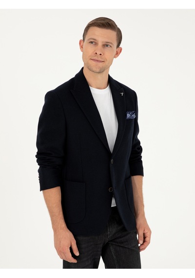 Cacharel Lacivert Slim Fit Yün Karışımlı Blazer Ceket