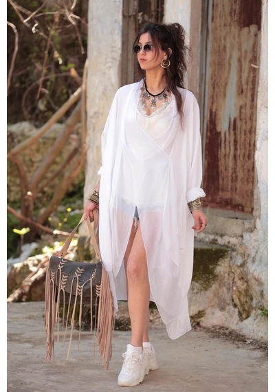 Bohem Stil Italyan Ipek Detaylı Oversize Kaftan & Bluz-8711 Beyaz