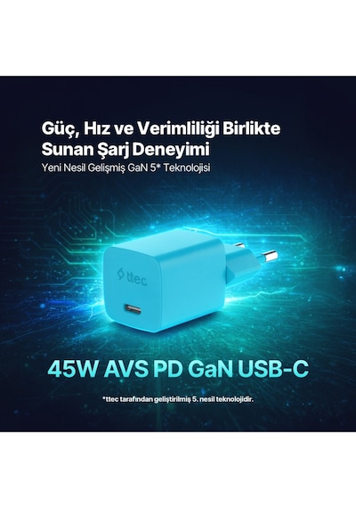 Ttec Smartcharger Gan 45W Avs PD Seyahat Hızlı Şarj Aleti + USB-C - USB-C 3A 120 CM Kablo Neon Mavi