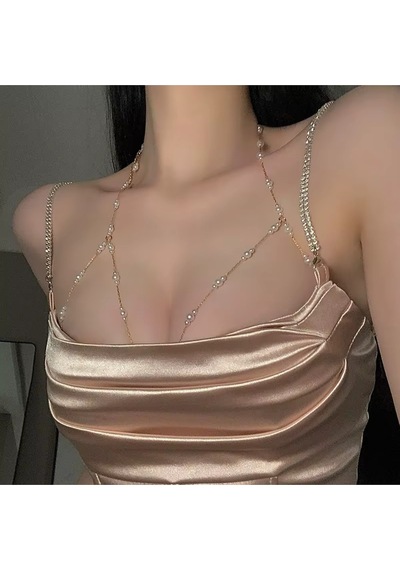 Gilda Kadın Inci Taşlı Vücut Zinciri - Göğüs Vücut Aksesuarı Gold