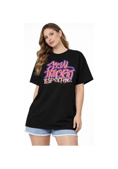 Herkesemoda Graffitti Yazı Detaylı Basic T-shirt Siyah