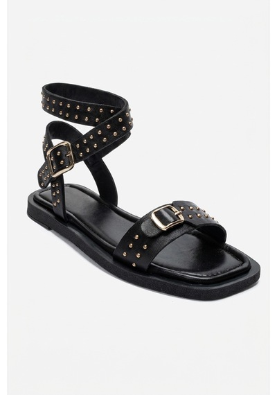 Luvishoes Carril Siyah Hakiki Deri Troklu Kadın Sandalet Siyah
