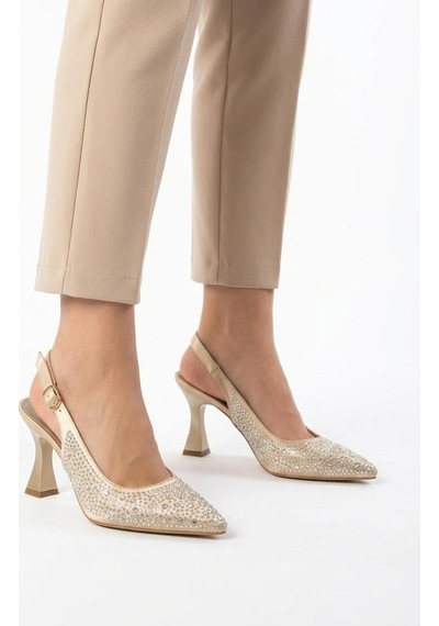 Asmi Shoes Kadın Monica Taşlı Bej Saten 7 Cm İnce Topuklu Ayakkabı & Stiletto