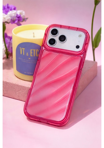 Apple Uyumlu iPhone 17 Pro Max Telefon Kılıfı Kamera Çıkıntılı Kabartmalı Parlak Desenli Darbe Emici Silikon Kılıf Pembe
