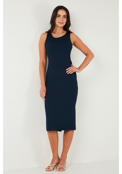 Lela Fitilli Slim Fit Bisiklet Yaka Yırtmaçlı Midi Boy Bayan Elbise 5866101 Lacivert