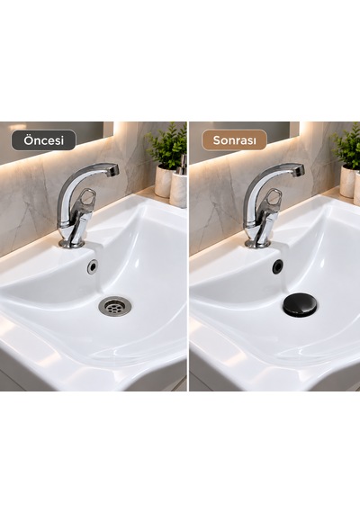 Lavabo Gider Süzgeci Bas Aç Pop-up Sistem Taşma Yüzüklü Dayanıklı Tasarım Siyah