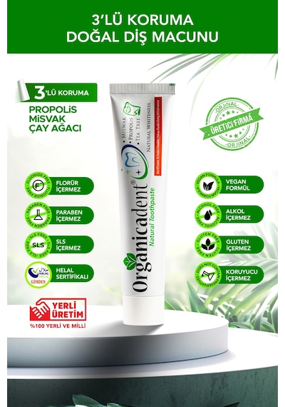 Organicadent Üçlü Koruma Doğal Diş Macunu 75 Ml - Gimdes Sertifikalı - Kapsamlı Bakım