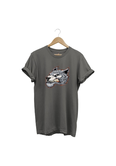 Kızgın Agresif Kurt Tasarım Baskılı %100 Pamuk Regular Fit Bisiklet Yaka Premium Gri T-shirt Gri