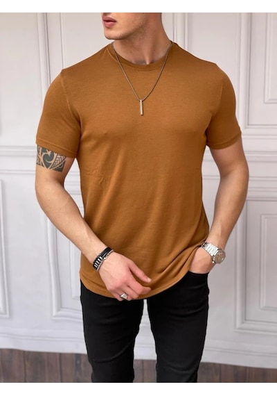 Modefendi Slim Fit Pamuk Triko Kumaş Tshırt Kahverengi