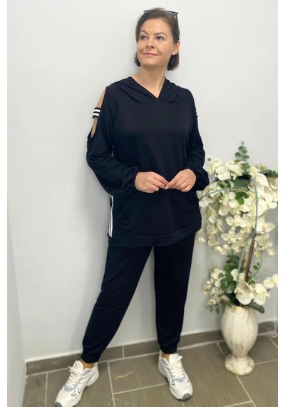 Mia Butik Kadın Siyah Kol Detaylı Eşortman Takım Siyah