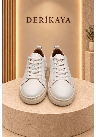 Deri Kaya Erkek Minimal Tasarım Bağcıklı Günlük Sneaker Spor Ayakkabı Beyaz