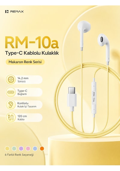Remax 14.2mm Sürücülü Mikrofonlu Kulak İçi Kablolu Kulaklık - Type-c Rm-10a Sarı
