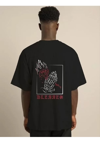 Unisex Bisiklet Yaka Oversize Baskılı T-shirt - Siyah Siyah