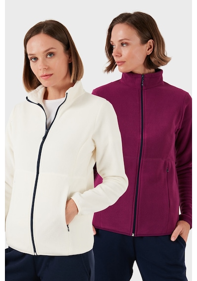 Lela Slim Fit Anti-Pilling Tüylenme Yapmayan Fermuarlı 2'Li Paket Polar Bayan Hırka 5907012S2 Ekru-Mor