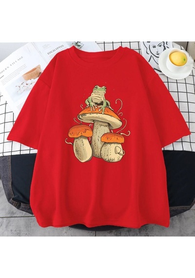 Flood Of Style Erkek Kırmızı Mantar Baskılı Oversize Bisiklet Yaka Tshirt
