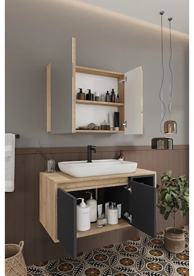 Lale 90 Cm %100 Mdf Lavabolu Banyo Dolabı + Aynalı Dolap Antrasit