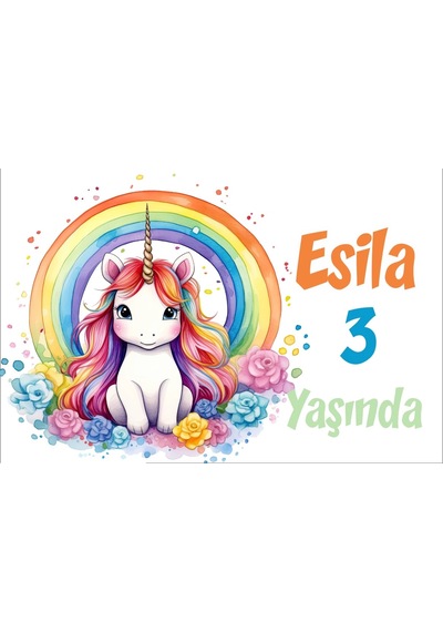 Unicorn Ve Gökkuşağı Temalı Doğum Günü Afişi -1 70x100 Cm