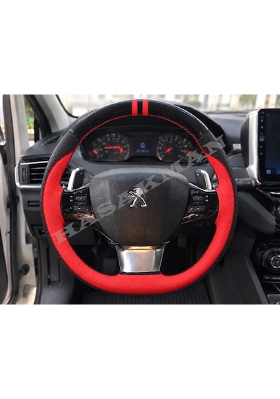Peugeot Partner K9 Dikme Direksiyon Kılıfı Parlak Siyah Kırmızı Detaylı Kırmızı Çift Yüzük Ve Dikiş 2018-2021