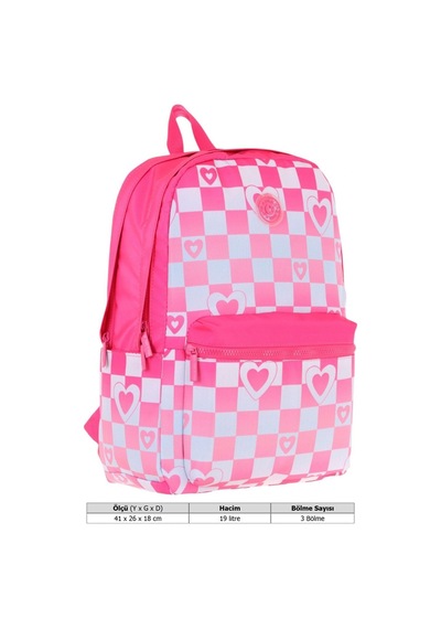Kaukko Nature Kız Çocuk Üç Bölmeli Pembe Dama Ve Kalp Desenli Okul Sırt Çantası - K1788 Pembe