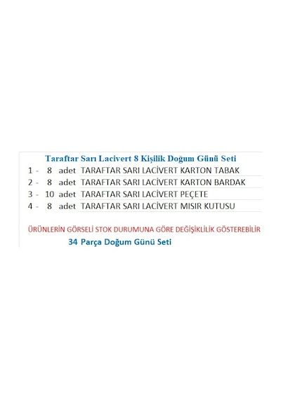 Taraftar Fenerbahçe Sarı Lacivert 8 Tabak, 8 Bardak, 10 Peçete, 8 Mısır Kutusu
