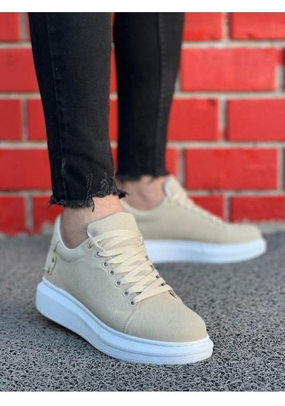 Erkek Süet Spor Günlük Ayakkabı Yüksek Kalın Taban Bağcıklı Sneaker Bej
