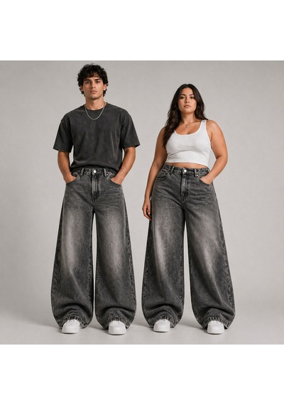 St.poll Eskitme Füme Yıkamalı Unisex Büyük Beden Baggy Jean Pantolon