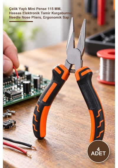 4 Adet Mini Kargaburnu Çelik Yaylı Mini Pense 115 Mm, Hassas Elektronik Tamir Kargaburnu, Needle Nose Pliers, Ergonomik Sap
