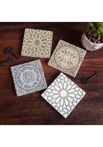 Etnik Desen Taş Bardak Altlığı Seti - 4 Parça - Dekoratif, Rustik Mutfak Aksesuarı, 10x10 Cm, Kaydırmaz Tabanlı, Diğer